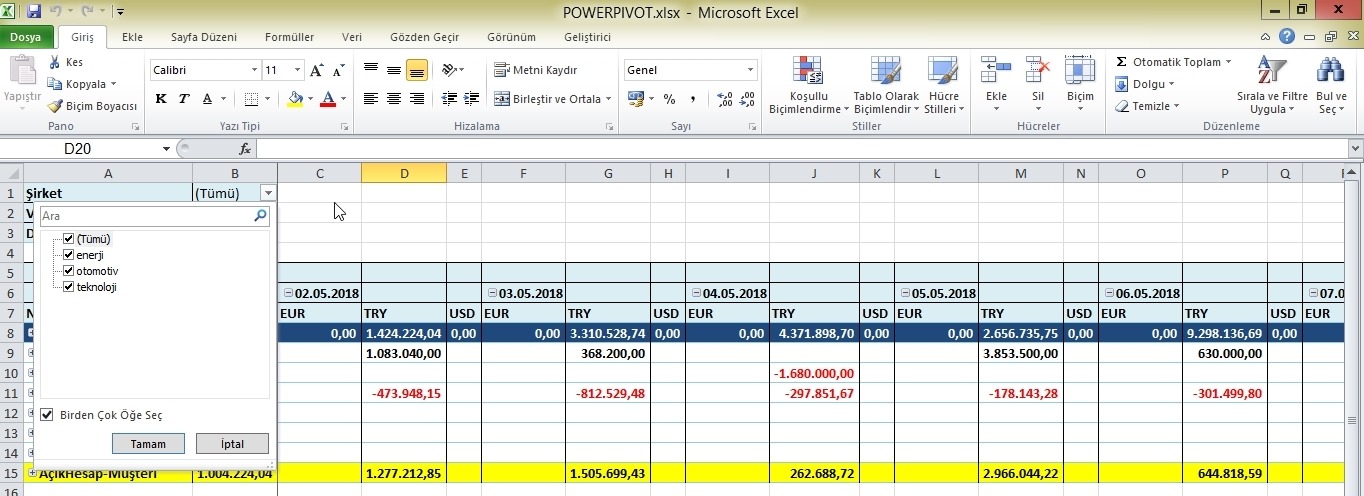 Nakit Akışı Pivot Analiz Şirket Ayrımlı